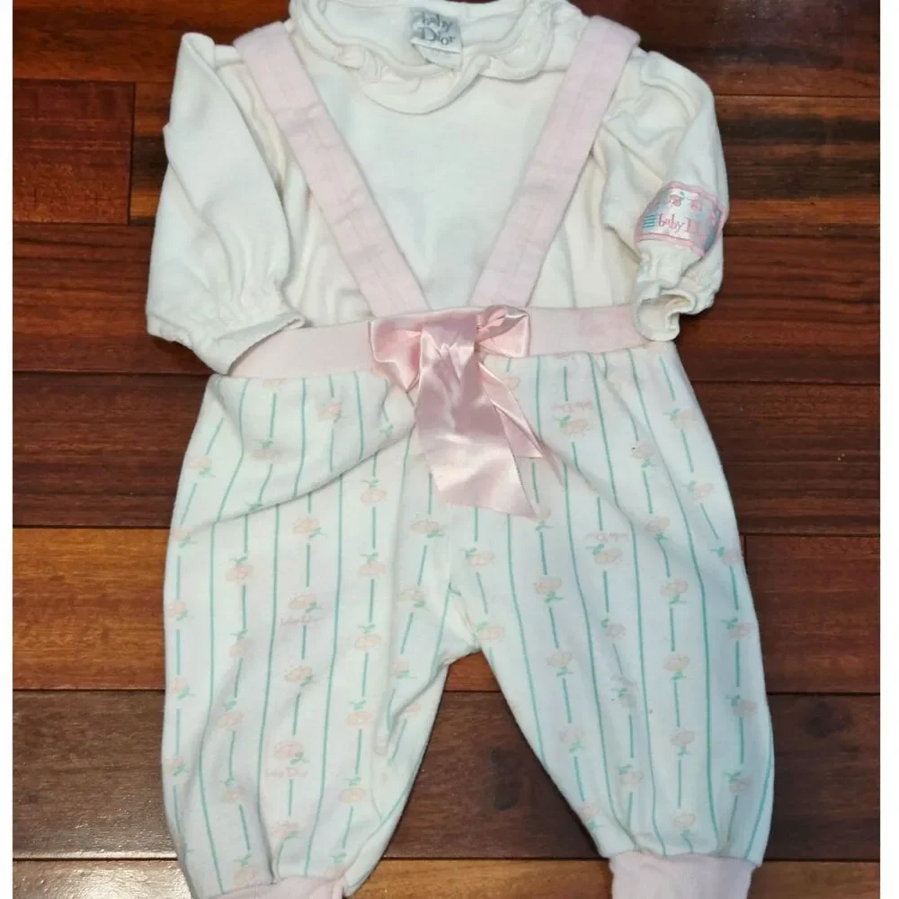 Vintage 90s Baby Dior Girl 2pc Set Ruffle Mock Neck Bow Overalls 6-9M